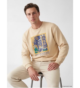 LC WAIKIKI Bej Bisiklet Yaka Baskılı Erkek Sweatshirt