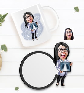 BK Gift Kişiye Özel Kadın Radyolojist Karikatürlü Beyaz Kupa ve Ahşap Bardak Altlığı Hediye Seti-1