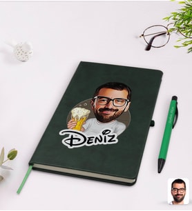 BK Gift Kişiye Özel Erkek Karikatürlü Yeşil Termo Deri Defter Kalem Seti Model 51