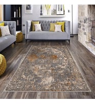 Gri Vintage Desen Çerçeveli Yıkanabilir Kaymaz Taban Leke Tutmaz Modern Salon Halısı ve Yolluk