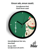 İsme Özel Sevimli Kedi Çocuk Odası Duvar Saati Orta Boy 30 cm Siyah Camlı Sessiz