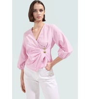 Yazlık Kısa Kol Çizgili Terrycotton Bluz V Yaka Casual Modern Stil Yüksek Kalite Uzun Ömürlü (Pembe)