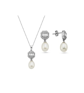 Baget Sekizgen Doğal İncili Sallantı Küpe Kolye İkili Set (Beyaz)