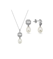 Baget Sekizgen Doğal İncili Sallantı Küpe Kolye İkili Set (Beyaz)