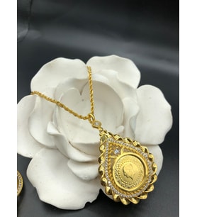 22 ayar altın kaplama kadın gold zirkon taşlı halat zincirli yarımlı kolye modeli