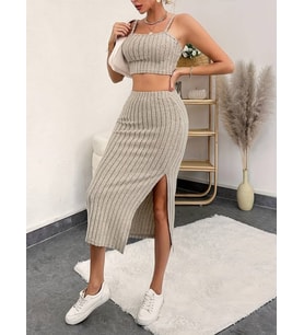Kadın Kolsuz Askılı Crop Yırtmaçlı Midi Etek Fitilli Kaşkorse Takım (Bej)