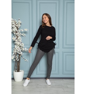 MyBen Kadın Siyah Renkli Yandan Bağlamalı Büzgülü Tunik Ve Taytlı Pijama Takımı 28372büz