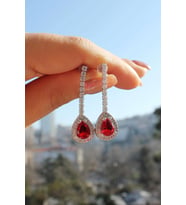 Kırmızı Damla Taşlı Küpe - Diamond Model