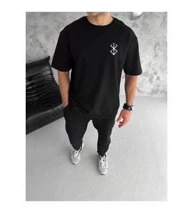 Unisex Bisiklet Yaka Baskılı Oversize T-Shirt - Siyah