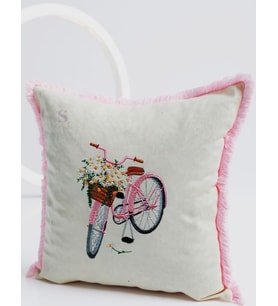 VİNTAGE BİSİKLET NAKIŞLI DUCK KUMAŞ PEMBE PÜSKÜLLÜ YASTIK KILIFI (43 x 43) 1 Adet İÇİ DOLGULU