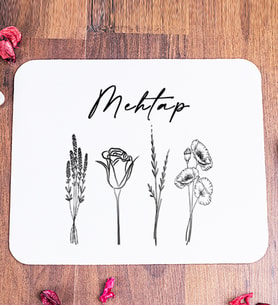 Kişiye Özel Karakalem Çizimli Çiçekler Mouse Pad