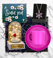 Kişiye Özel Led Işıklı Beyaz Melekli Fanus, Pembe Kahve Fincanı ve Lotus Kolye Hediye Seti