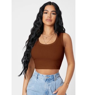 Kadın Kahverengi Kare Yaka Crop Top Bluz