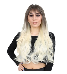 Kahküllü Uzun Dalgalı Fiber Sentetik Peruk - Küllü Açık Kahve / Platin Ombreli