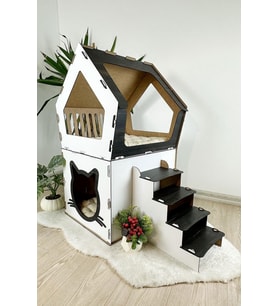 Mavitrend Ahşap Büyük Kedi Evi XXL Açık Teraslı Model 5 Kg Üstü Kediler İçin Beyaz- Siyah Renk