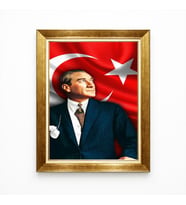 Tablore Türk Bayraklı Atatürk Kanvas Tablo - Ay Yıldız Temalı Çerçeveli Atatürk Portresi
