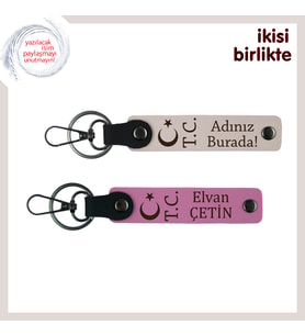 Evliliğin Gururu ve Aşkı – Ay Yıldız TC Temalı İsim Yazılı Deri Anahtarlık Hediyesi x2, Pudra-Pembe