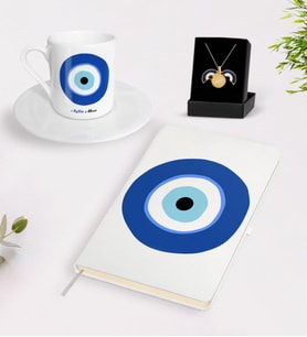 BK Gift Kişiye Özel Nazar Temalı Beyaz Defter Türk Kahvesi Fincanı ve Açılan Nazar Kolye Hediye Seti (Model 1)