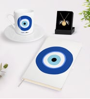 BK Gift Kişiye Özel Nazar Temalı Beyaz Defter Türk Kahvesi Fincanı ve Açılan Nazar Kolye Hediye Seti (Model 1)