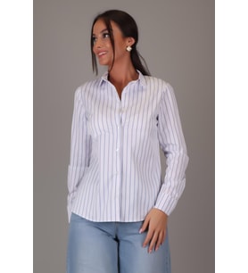 SWEETNESS Kadın Mavi Çizgili Uzun Kollu Likralı Pamuklu Klasik Gömlek DK001-1