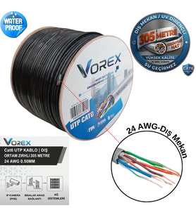 Vorex Cat6 UTP 305 Metre Zırhlı Dış Ortam Ethernet Ağ Kablosu - 24 AWG 0.50mm Outdoor Su Geçirmez Siyah