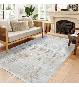 Beyaz Mavi Gri Kahverengi Geometrik Madalyonlu Vintage Efektli Desenli Modern Salon Halısı Makine Dokuma