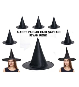 Halloween Siyah Renk Parlak Dralon Cadı Şapkası Yetişkin ve Çocuk Uyumlu 6 Adet pop
