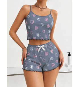 Kadın Gri Kalp Desenli Dantel Askılı Şortlu Pijama Takımı 5265