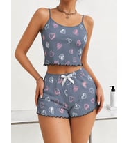 Kadın Gri Kalp Desenli Dantel Askılı Şortlu Pijama Takımı 5265