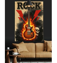 Elektrik Gitarlı Rock Müzik Simgeleri Dekoratif Kanvas - Mdf Ahşap Tablo