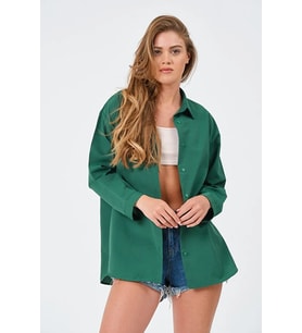 Kadın Zümrüt Oversize Uzun Basic Gömlek