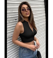 Fantezia Night Kadın Siyah Yarım Fermuarlı Sıfır Kol Crop Top Bluz