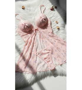 Çeyizlik Çiçek Desenli Tül Gecelik Ve Slip Takım - Pembe Dantelli Babydoll - 3664