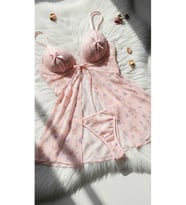 Çeyizlik Çiçek Desenli Tül Gecelik Ve Slip Takım - Pembe Dantelli Babydoll - 3664