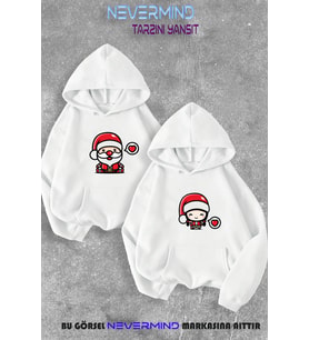 Sevgili Çift Kombin Noel Baba ve Noel Kız Yılbaşı Özel Kapüşonlu Sweatshirt 2li Set Takım (Beyaz)