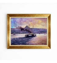 Tablore İstanbul Temalı Vapur Ve Camii Manzaralı Gold Çerçeveli Lüks Tablo