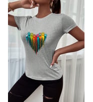 Unisex Sevimli Kedi Patili Kalp Tasarım Basklı Tshirt (Gri)