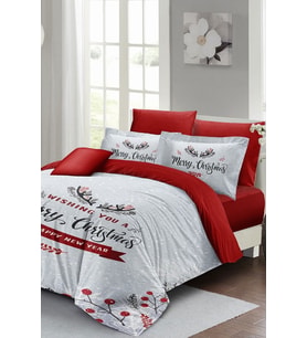 Yılbaşı Nevresim Takımı (Lastikli Çarşaflı) Çift Kişilik %100 Pamuk Saten Wıshing Noel