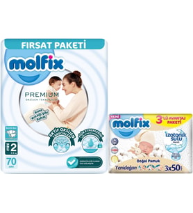 Molfix Premium Bebek Bezi Beden:2 (3-6KG) Mini 70 Adet Fırsat Pk + 3 Adet Islak Mendil