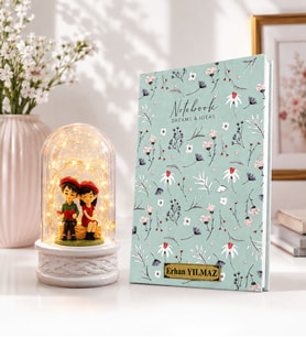Kişiye Özel Şık Defter ve LED Işıklı Oturan Çift Biblolu Fanus Hediye Seti