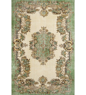 Yeşil Ekru Dijital Baskı Salon Halısı Vintage Eskitme Madalyon Desenli Kaymaz Taban Pamuk-Polyester