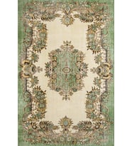 Yeşil Ekru Dijital Baskı Salon Halısı Vintage Eskitme Madalyon Desenli Kaymaz Taban Pamuk-Polyester