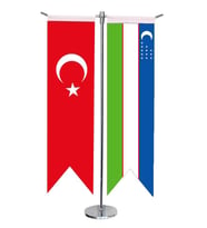 Masa Üstü Kırlangıç Özbekistan + Türk Bayrağı + Krom T Direk Masa Bayrak Seti