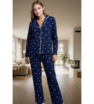 Kadın Kışlık Pamuklu Pijama Takımı Biyeli Desenli Rahat Ev Giyim Seti Günlük Kullanım İçin (Lacivert)