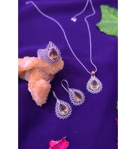 Taşlı Damla Model Telkari El İşçiliği Gümüş Üçlü Set (Kahverengi)