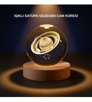Satürn Desenli Kristal Küre LED Gece Lambası Ahşap Standlı