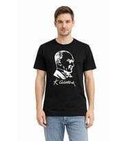 Erkek Atatürk Baskılı Tişört Kısa Kollu Bisiklet Yaka T-Shirt - Siyah