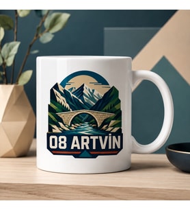 Artvin Temalı Memleket Kupası – 08 Artvin Dağlar Taş Köprü ve Akarsu Modern Geometrik Baskılı Seramik Kupa