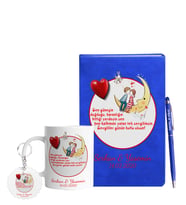 Sevgililer Gününe Özel Mavi Defter Kalem Kupa & Süblimasyon Anahtarlık Hediye Seti 22