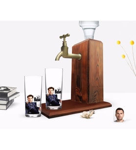 BK Gift Kişiye Özel Renkli Baskılı Godfather Baba Karikatürlü İkili Rakı Bardağı ve Ahşap Rakı Standı Hediye Seti-9 (Model 1)